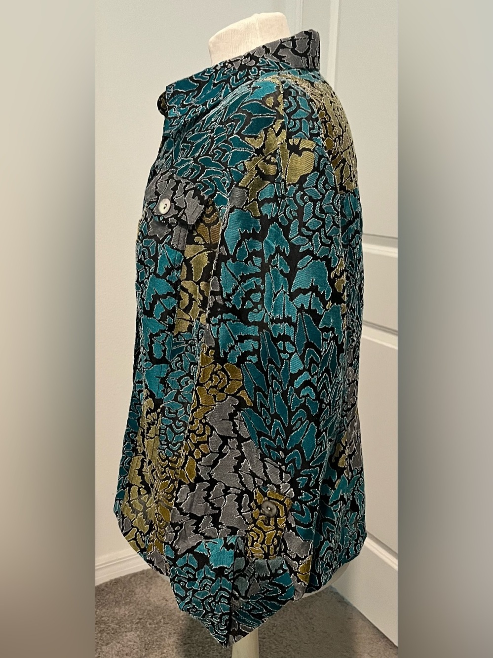 Ruby Rd. Floral Button-Down Shirt in Teal, Olive & Gray - Picture 5 of 7